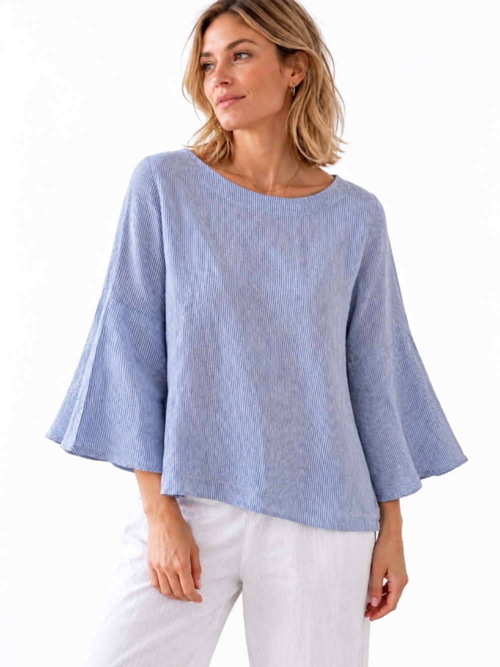 (NWOT) Cynthia Rowley 100% Linen Blouse Large Blue White Striped Bell Sleeve Top
